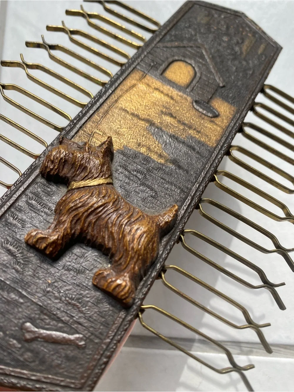 Antique Tooled Leather & Metal Scotty Dog Holder Vintage